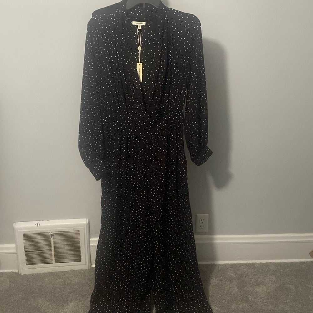 Max Studio Black White Polka Dot V-Neck Jumpsuit Sz L NWT